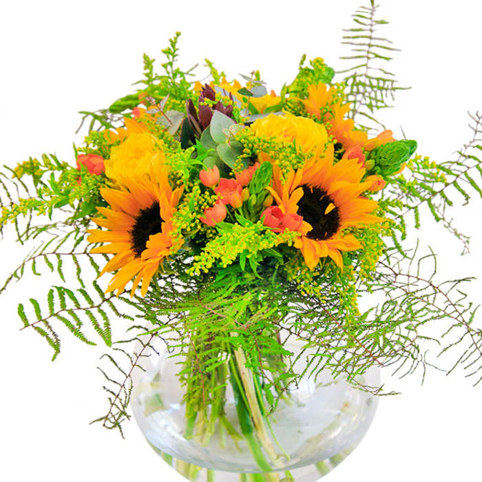 This luminous bouquet radiates joy, inviting memories of sunlit days in Bishop's Stortford where nature flourishes in vibrant displays. Sunflowers, with their signature dark centers ringed by vibrant yellow-orange petals, lead the arrangement, casting a golden glow that conjures scenes from Castle Park. Tucked beside them, yellow garden roses bloom luxuriously, their intricate spirals and velvet texture exuding timeless grace. Bright red Hypericum berries offer moments of unexpected brilliance, their shine set off by waves of rich foliage and airy green sprigs that ripple outward like wild hedges along the Stort Navigation. Delicate fern fronds and subtle mists of goldenrod lend lightness and motion, while slender, blue-green eucalyptus leaves provide a cool, fragrant undertone that subtly fills the air. Displayed in a perfectly round, clear glass vase, the bouquet's vibrant stems are visible beneath the waterline, contributing to the ensemble's overall freshness and lifelike beauty. Thoughtfully assembled by Flowers Bishop's Stortford, this arrangement makes an ideal centerpiece or heartfelt gift, its carefully balanced textures, colours, and light capturing the very best of local, seasonal elegance.