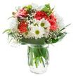 This joyful bouquet radiates uplifting cheer and simple elegance-the embodiment of Bishop's Stortford in bloom. At its heart, lush coral carnations unfurl in soft waves, each bloom textured and inviting, drawing both attention and delight as they reflect the clarity of light across the arrangement. White chrysanthemums bring fullness and stately grace, anchoring the design with a gentle strength. Interspersed between them, playful white daisies with striking green eyes evoke the freshness of the local Hertfordshire countryside on a morning walk near Bridge Street. Wisps of baby's breath lend a soft fineness, as if early mist is hovering above the showy blossoms, while several closed alstroemeria buds glow with magenta on the bouquet's edge, hinting at the promise of even more colour to come. A mix of broad, glossy green leaves and slender, lively foliage wrap the flowers with a sense of harmony, reminiscent of the natural flow found along the River Stort towpath. All this rests in a clear glass vase, fresh water preserving the stems and boosting the sense of rural vitality. Lit evenly and naturally, every colour and contour is highlighted, inviting a sense of renewal, gratitude, and joy-making it the perfect choice for commemorating birthdays, sending thanks, or celebrating life's new chapters anywhere in Bishop's Stortford.